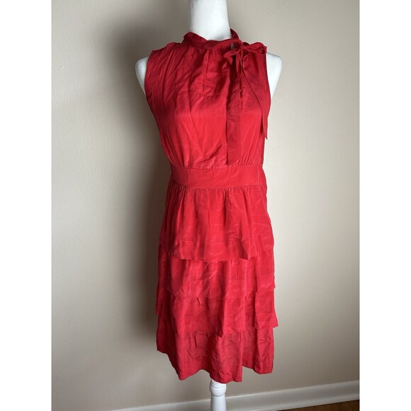 Girl From Savoy 6 S 100% Silk Dress Oska Red Ruffle Tie Neck Pinup Retro Boho - Picture 2 of 6